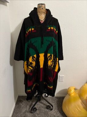 Bob Marley Hooded Alpaca Wool Cotton Poncho ONE LOVE fringe One Size oversized